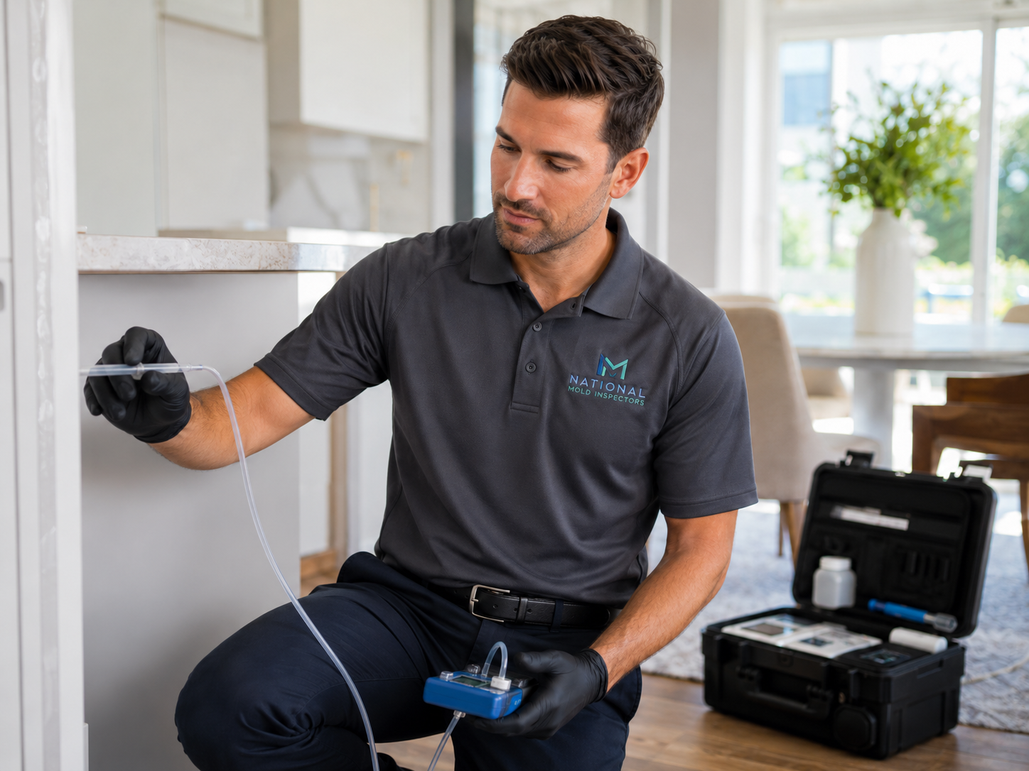 Inspector collecting an air sample using professional testing equipment