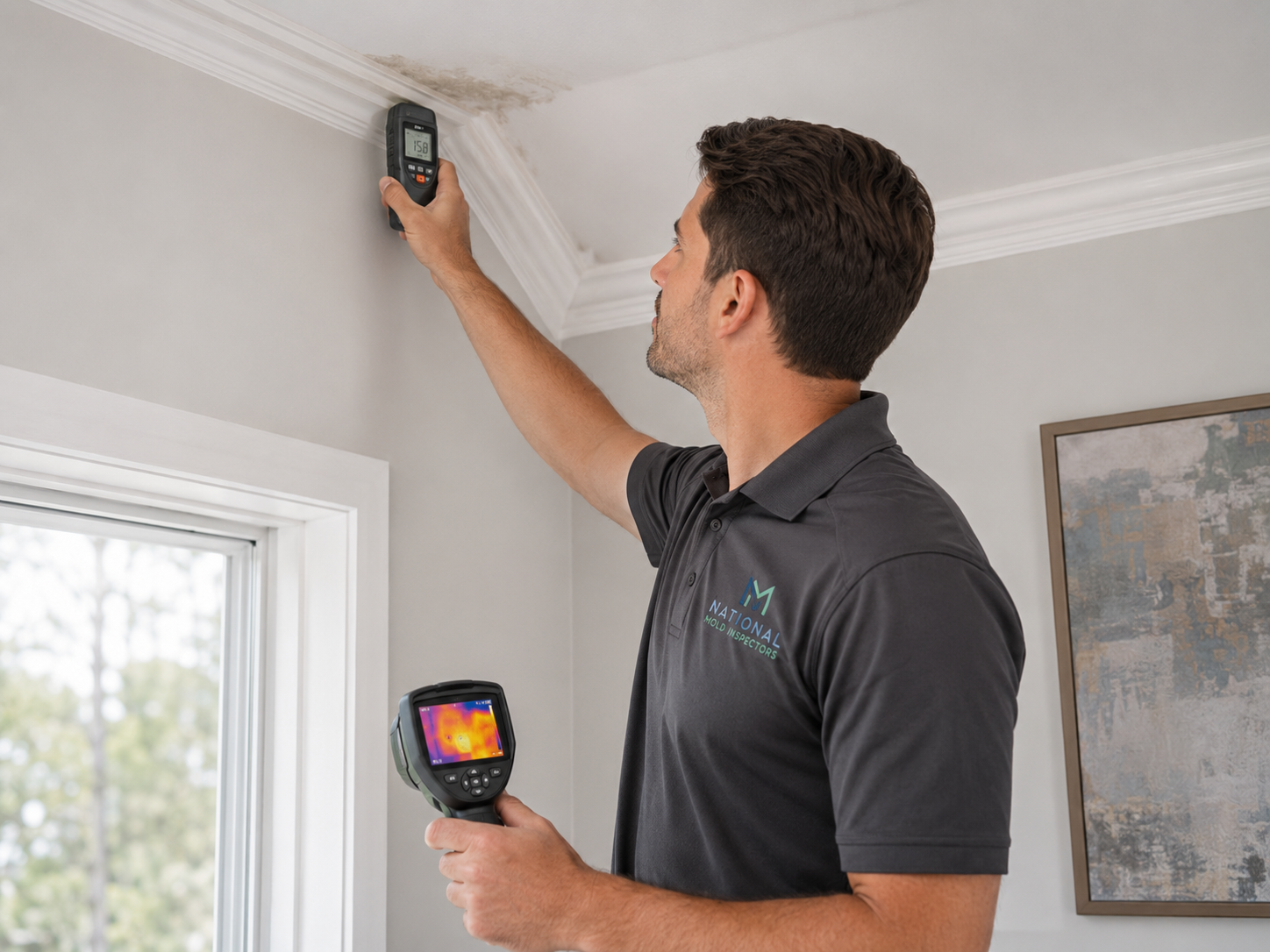 Inspector using a moisture meter and thermal imaging camera on a ceiling