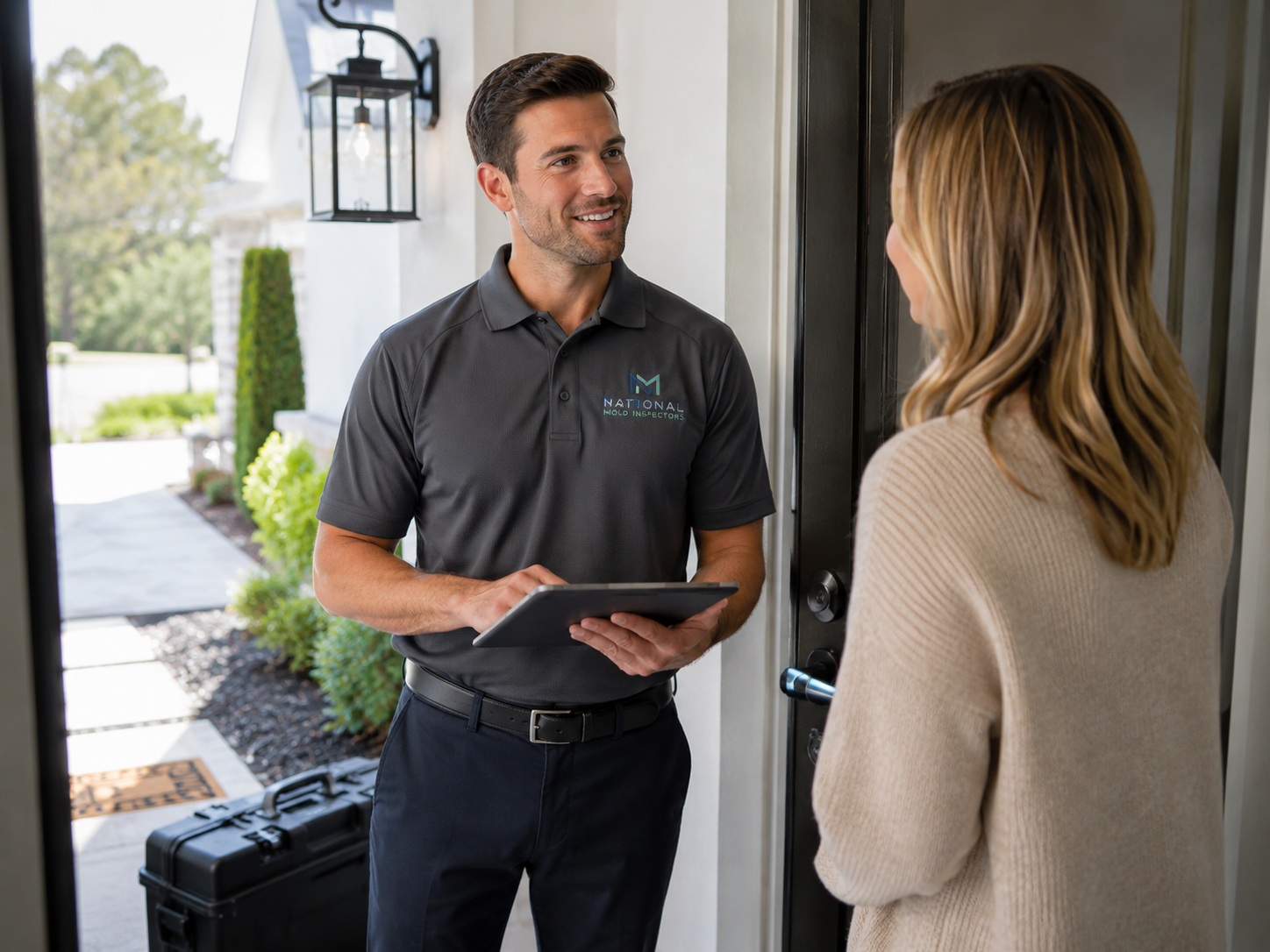 National Mold Inspectors technician greeting a homeowner at the front door